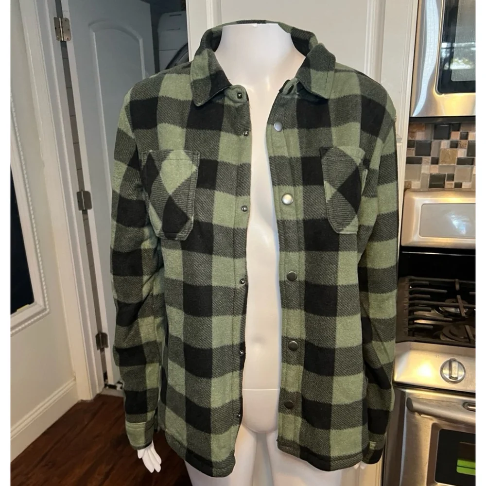 NWT Weatherproof Shacket Shirt Jacket Green & Black Buffalo Plaid Sherpa Lined